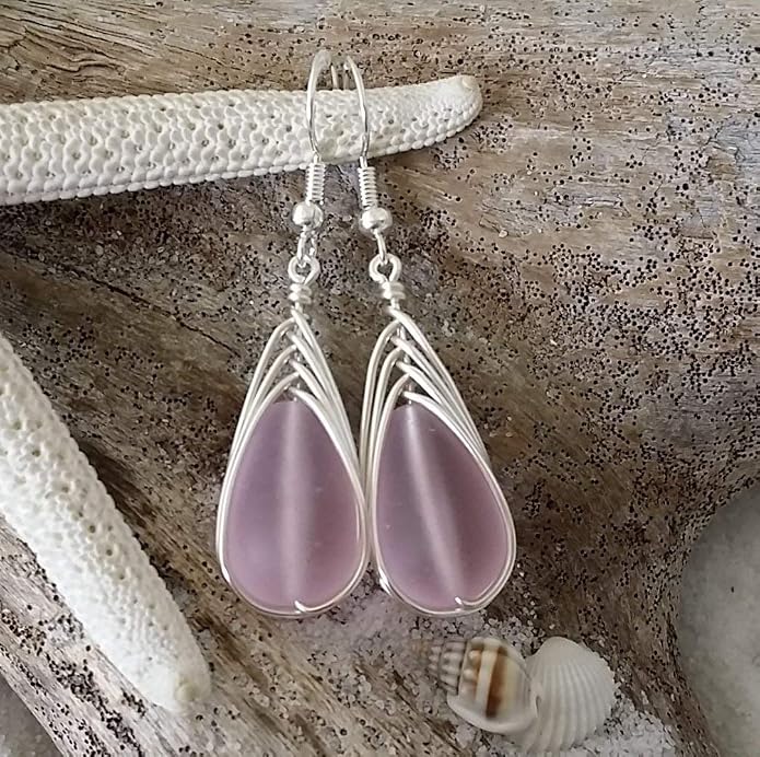 Handmade Sea Glass Earrings, Hawaiian Jewelry, Wire Braided Earrings Teardrop Earrings, Beach Jewelry Sea Glass Jewelry For Women Birthday Gift