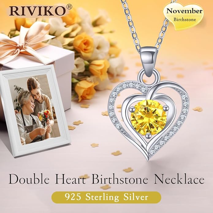 RIVIKO Heart Birthstone Pendant Necklace for Women 925 Sterling Silver Zirconia Necklaces Valentine's Day Anniversary Birthday Mothers Day Jewelry Gifts For Her Mother Wife