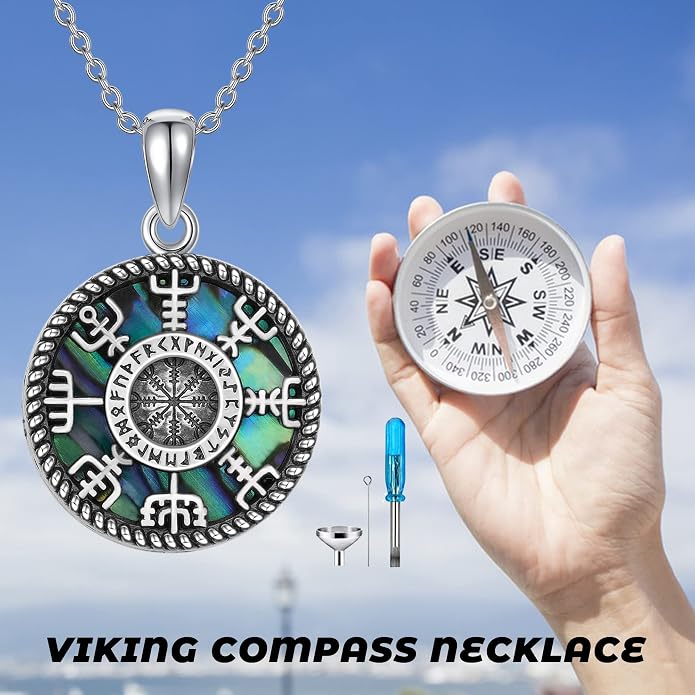 Viking Compass Necklace Sterling Silver Runes Vegvisir Pendant Necklace Mothers Day Jewelry Gift for Women Mom