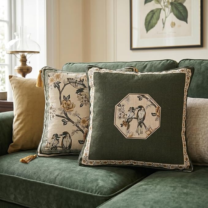 ISAENNE Vintage Elegant Linen Square Throw Pillow Cover,18"x18"-Murad E | Designer French Green Pillow Cover,Concealed Zipper Design,Floral and Bird Pattern,Sofa,Bedroom,Living Room,Lounge Chairs