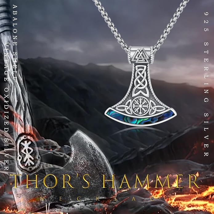 Viking Thor Hammer Necklace 925 Sterling Silver Nordic Mythology Pendant with Abalone Shell for Men Women Viking Enthusiasts Gift Daily Wear & Special Occasions