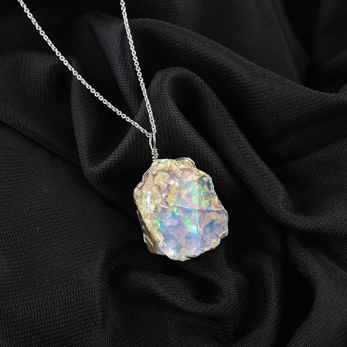 Ultra Fire Raw Ethiopian Opal Rough Dainty Pendant Necklace For Women, Healing Chakra Crystals, Handmade October Birthstone Jewelry, 925 Silver Chain 18 inch, Wedding Gift
