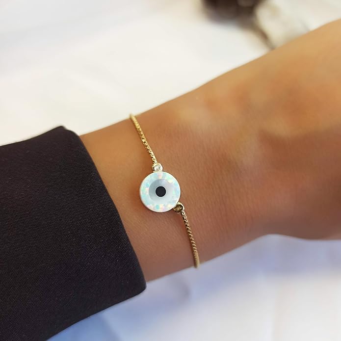 Minimalist Evil Eye Charm Bracelet – Handmade Delicate Good Luck Jewelry for Women – Adjustable 6.5” + 1” Extender