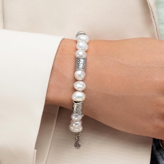 JEAN RACHEL JEWELRY 925 Sterling Silver Bracelet On A 7.5" Chain With Freshwater Cultured Pearls Vintage Look Hypoallergenic Nickel and Lead-free Artisan Handcrafted Designer Collection