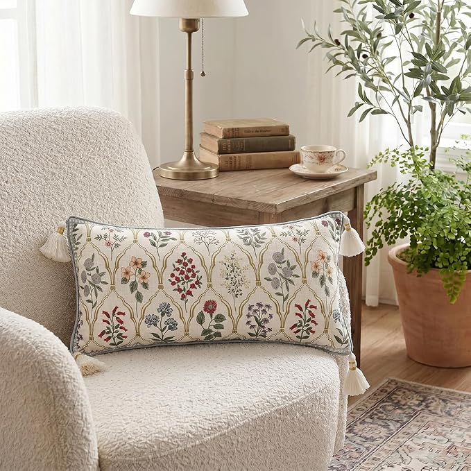 ISAENNE Designer Linen Throw Pillow Cover,Set of 2,28"x12"-Serenity B | French Elegant Rectangle Decor Pillow Cover,Concealed Zipper Design,Colorful Floral Pattern,Sofa,Bedroom,Living Room,Chair