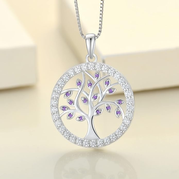 YL Tree of Life Necklace Sterling Silver Tree Pendant Created Amethyst Round Halo Jewelry for Women