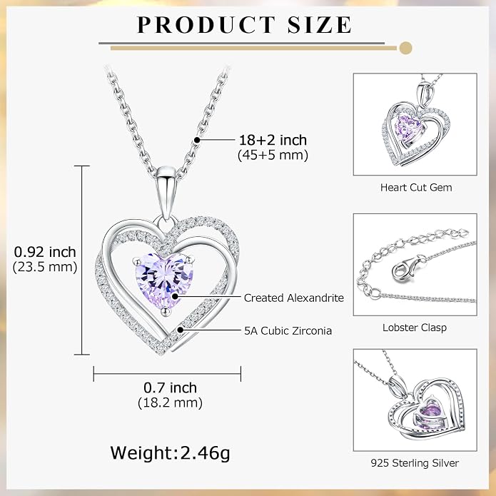 Anniversary Charm Necklace, Sterling Silver 14K Gold Plated Chain with Interlocking Heart Pendant Elegant Birthstone Necklaces for Women, Length 18"