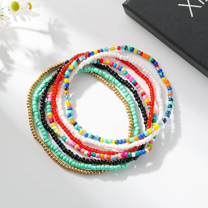 XIJIN 18 Pieces Elastic Beaded Anklets for Women Handmade Beach Boho Colorful Beads Ankle Bracelets Set