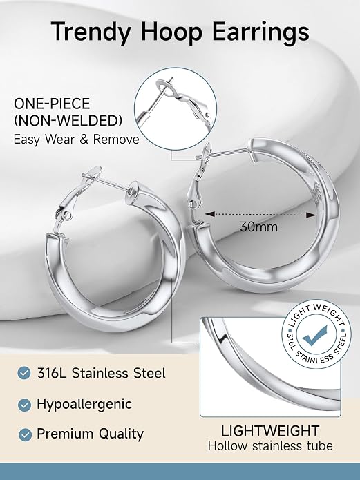 Stainless Steel Chunky Hoop Earrings For Women, Minimalist and Chic, Black/Gold Plated, Round Hoops Earrings Hypoallergenic, Size: 30mm/40mm/60mm/80mm, Come with Box