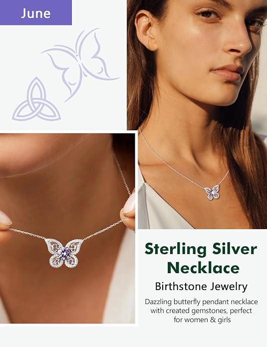 925 Sterling Silver Birthstone Necklaces for Women, Dainty Cute Dragonfly/Butterfly Pendant Necklace, Great Christmas/Anniversary Jewelry for Mother