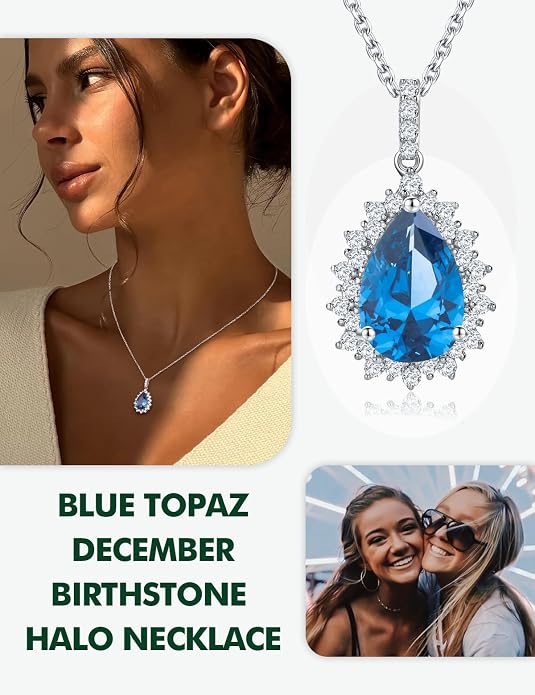 925 Sterling Silver Teardrop Necklace for Women Huge Created Gemstone Solitaire Halo Pendant Pear Cut Birthstone Necklace