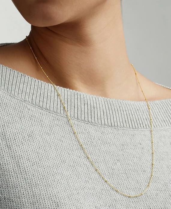 Adabele Solid 925 Sterling Silver Gold Filled White Gold Satellite Bead Station Chain Necklace Cute Dainty Thin Tarnish Resistant Hypoallgeneric Women Neck Jewelry