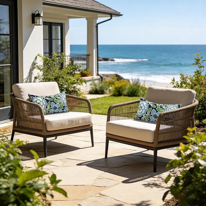 LVTXIII Set of 2 Patio Lumbar Pillows, 12" x 20" Fade Resistant Outdoor Lumbar Pillow with Inners, Fluffy Decorative Garden Lumbar Cushions for Home Patio Coach Sofa Use, Azure Botanical Symphony‌