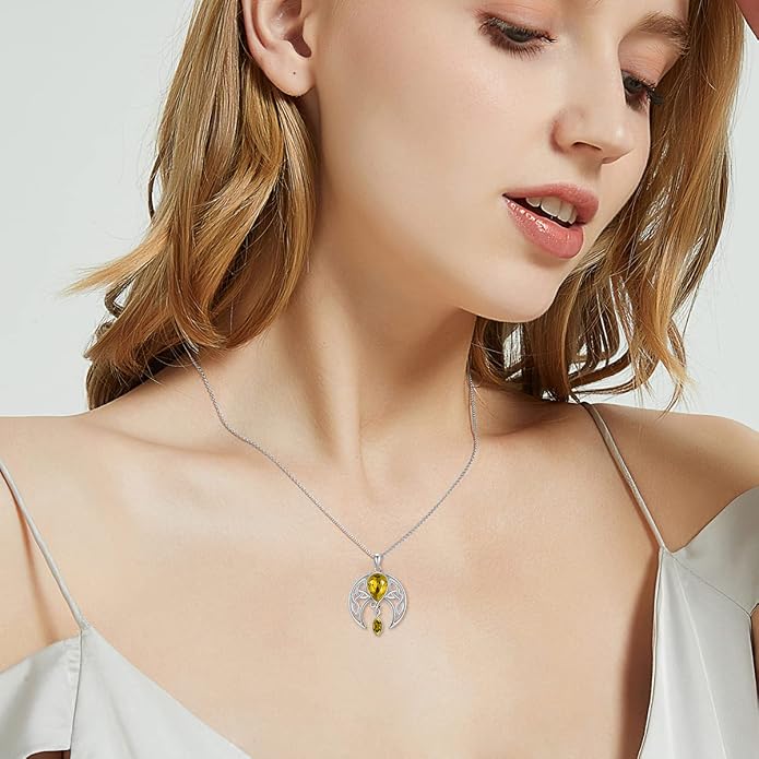 AOBOCO Sterling Silver Celtic Crescent Moon Goddess Pendant Irish Good Luck Necklace with Birthstone Crystal, Celtic Moon Jewelry Gift for Women Mom Wife
