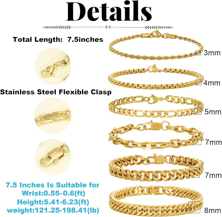 XIANNVXI 6pcs Bracelets for Men Gifts for Him Stainless Steel Bracelet Silver/Gold/Black Cuban Link Rope Paperclip Chain Bracelets Set 6.5/7/7.5/8.3/9 Inches Metal Bracelet Mens Fashion Accessories Jewelry Gifts Set