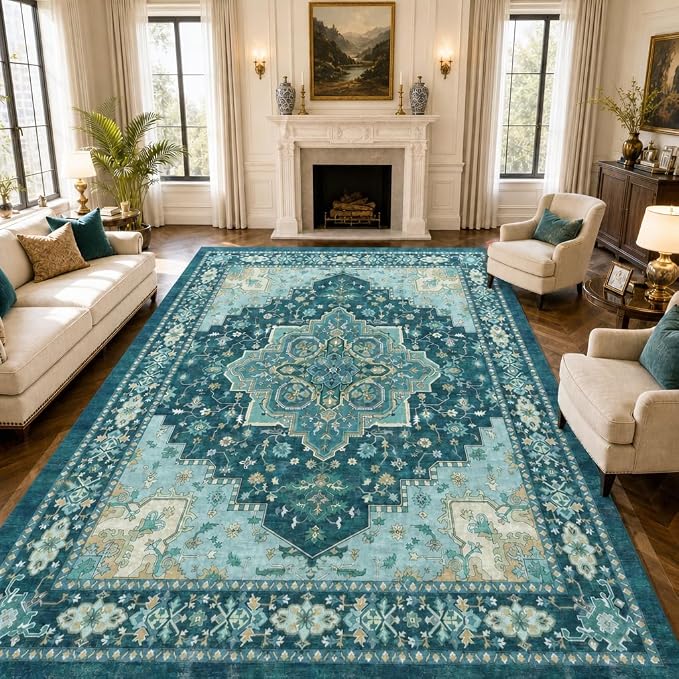 AMADA HOMEFURNISHING 9x12 Area Rug for Living Room, Vintage Washable Area Rug Low-Pile & Non-Slip Carpet for Bedroom Dining Room Nursery Home Office, Teal Blue