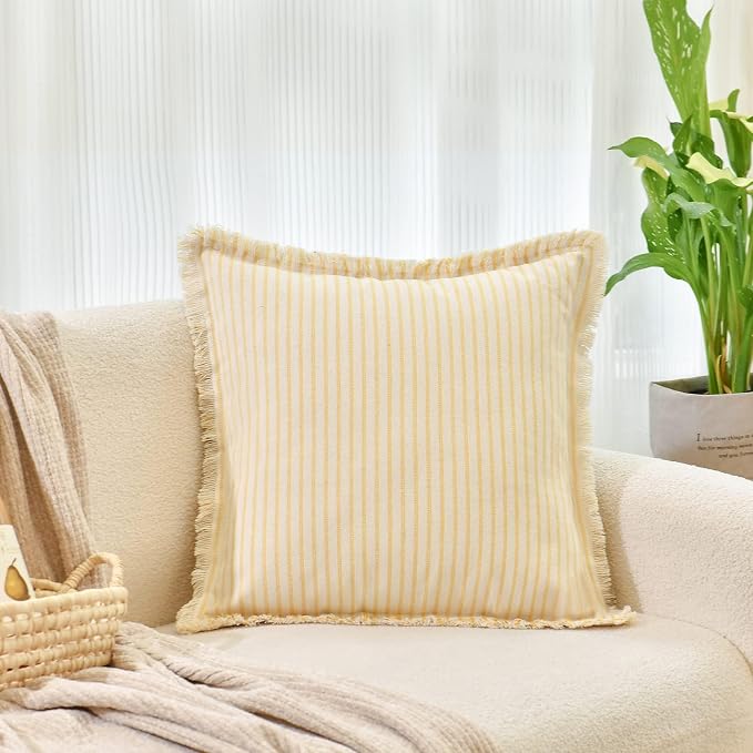 ZWJD Throw Pillow Covers 20x20 Set of 2 Striped Pillow Covers with Fringe Chic Cotton Decorative Pillows Square Cushion Covers for Sofa Couch Bed Living Room Farmhouse Decor, (Yellow)