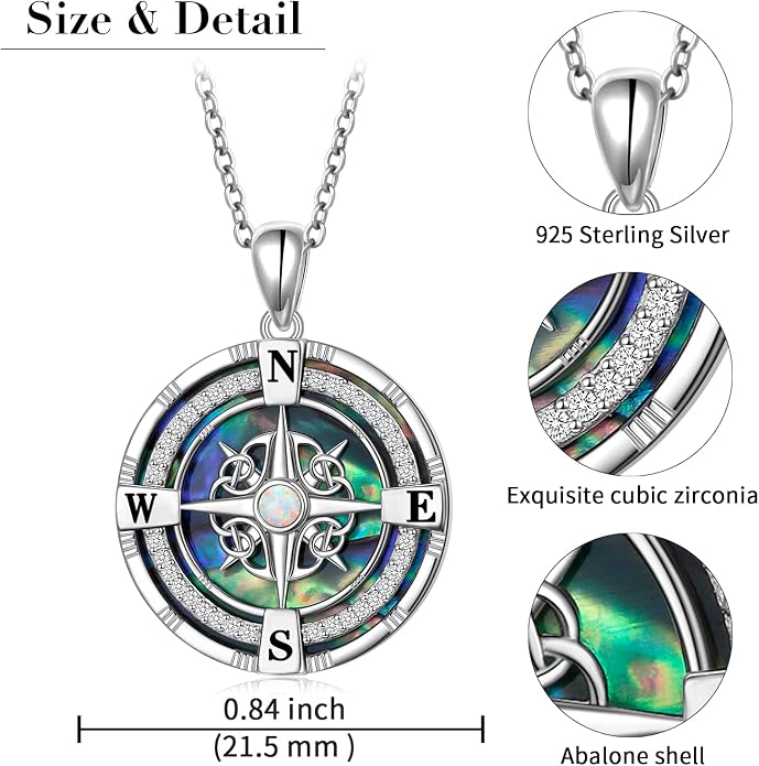 925 Sterling Silver Compass Moonstone Pendant Necklace Celtic Knot Abalone Shell Necklace Jewelry Gift for Women