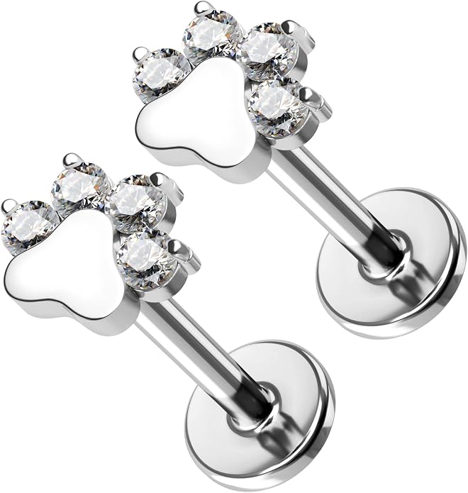 Paw Print Threaded Flat Back Earrings Set by Ginger Lyne – 14K Gold over Sterling Silver – CZ Body Jewelry – Cartilage Helix Lobe Tragus Studs or Nose Piercing – 2 Piece Set