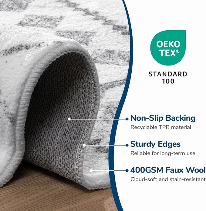 Lessymo Washable Area Rugs 6x9 for Bedroom Living Room Kitchen, Ultra-Soft Faux Wool Geometric Area Rug with Non-Slip Rubber, Kid & Pet Friendly, Geometric Grey