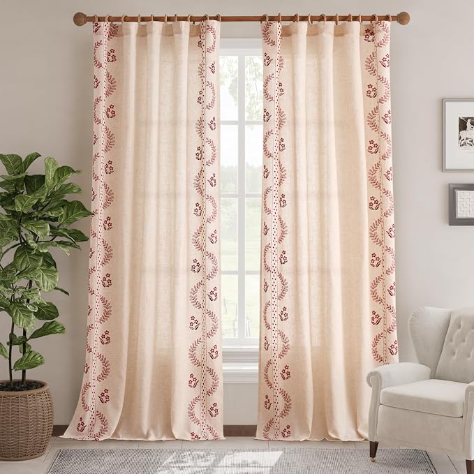 jinchan Floral Linen Curtains 96 Inch Back Tab 2 Panels Burgundy Red | Embroidered curtains,boho curtains,living room,bedroom,light filtering,privacy,flower patterned drapes,window treatment