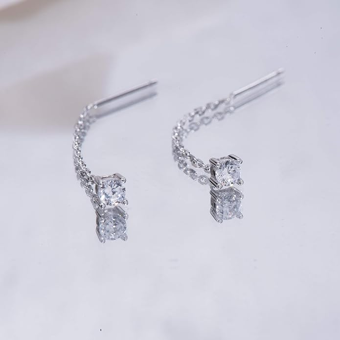 S.Leaf Gold Chain Threader Earrings for Women Trendy 925 Sterling Silver Hypoallergenic Cubic Zirconia Backless Ardant Chain Duster Threader Double Piercing Pull Through Earrings for Women Girls Birthday Gifts