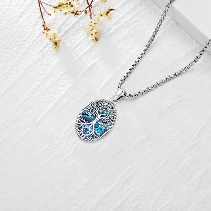Sterling Silver Tree of Life Necklace for Women Oval Family Tree Necklace Abalone Shell Moonstone Pendant Mother Day Necklace for Mom Tree of Life Jewelry