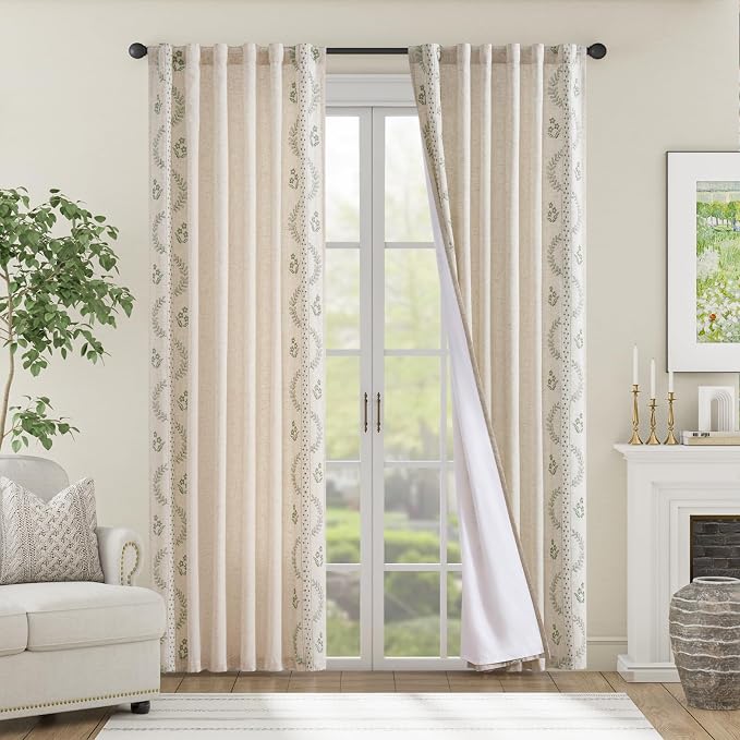 jinchan Floral Lined Linen Curtains 84 Inch Back Tab 2 Panels Sage Green | Embroidered curtains,privacy lining,boho curtains,light filtering,living room,bedroom,flower patterned,window treatment