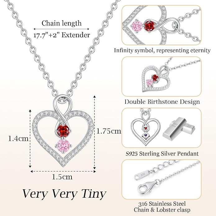 LOUISA SECRET Double Birthstone Necklaces for Women, 925 Sterling Silver Infinity Love Heart Pendant Necklace for Her, Birthday Anniversary Valentine's Day, Christmas, Wedding, Graduation Gift for Her, Personalized Gifts, Jewelry Gifts for Wife Mom Gir...