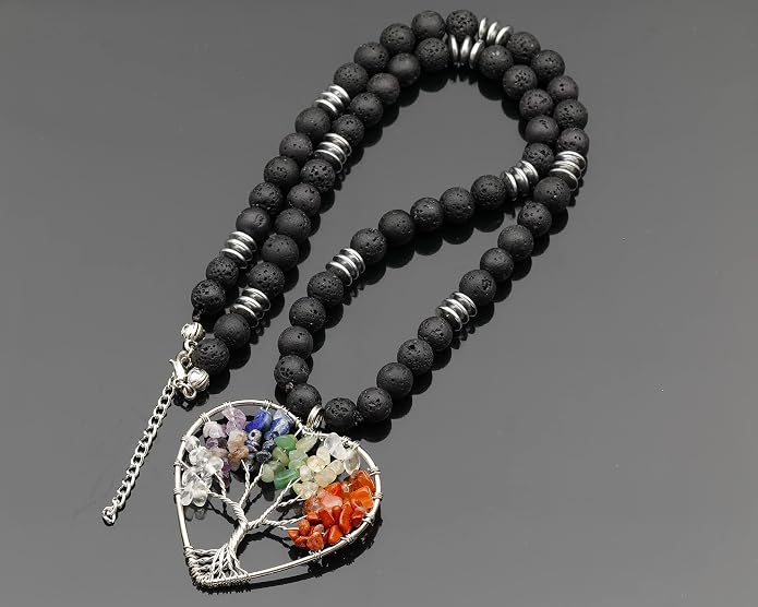 ElisaJewelryArt - Natural Labradorite Big Tree Of Life Black Lava Stone Beaded Necklace Genuine Gemstone Energy Stone Clasp Closure Necklace Unisex Necklace