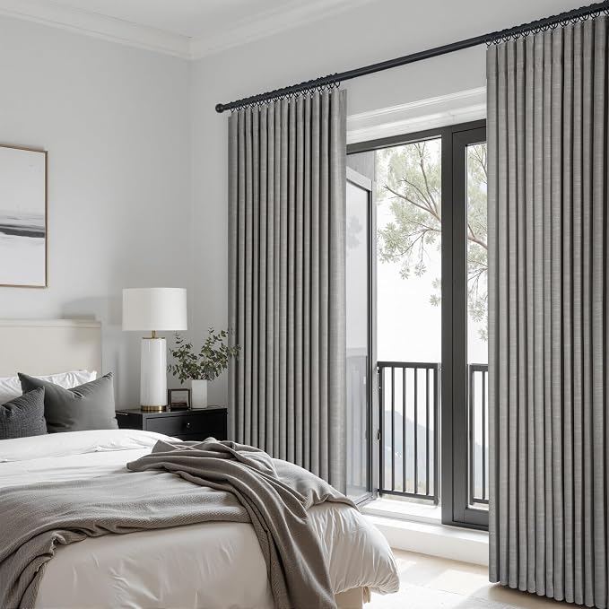 Topfinel 96 Inches Long Complete Blackout Ceiling Pinch Pleated Back Tab Curtains, Soundproofing Room Darkening Linen Drapes with Pin Hooks for Traverse Rods, Boho Blue Grey 52" W*96" L