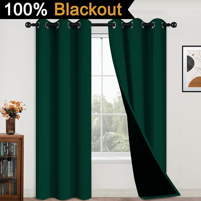 Yakamok Dark Green 100% Blackout Curtains 84 Inches Long 42" Wide 2 Panels | Blackout Curtain Panels for Bedroom, 2 Thick Layers Grommet Top Thermal Insulated Drapes with Black Liner for Living Room