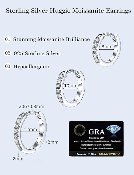 3 Pairs Small Huggie Hoop Moissanite Earrings for Women Men, Hypoallergenic 925 Sterling Silver Cartilage Earrings, Gifts Jewelry Set