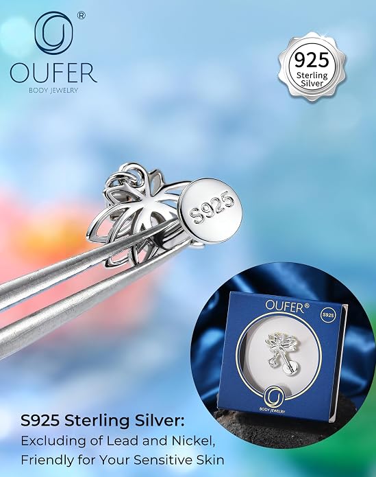 OUFER Silver Flat Back Earrings-16G Gold Forward Helix Piercing Jewelry, Internal Thread Clear CZ Pendant Helix Cartilage Tragus Conch Lobe Piercing Jewelry
