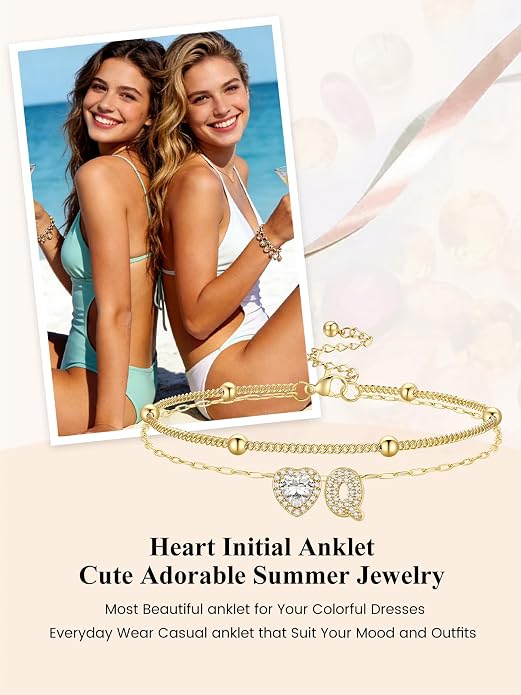 Bestyle Initial Anklet Bracelets for Women Waterproof Non Tarnish 14K Gold/White Gold Plated CZ Anklets for Women Dainty Layered Letter Heart Ankle Bracelets Adjustable Foot Chain Anklet