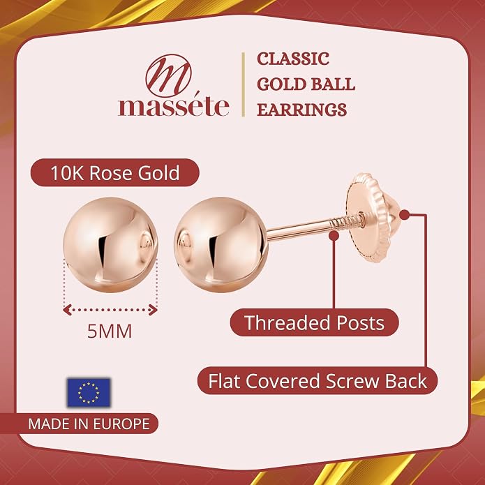 MASSETE Gold Ball Stud Earrings for Women and Girls Screwback | 10k, 14k, 18k | White Yellow or Rose Gold | 3mm 4mm 5mm | Nickel Free