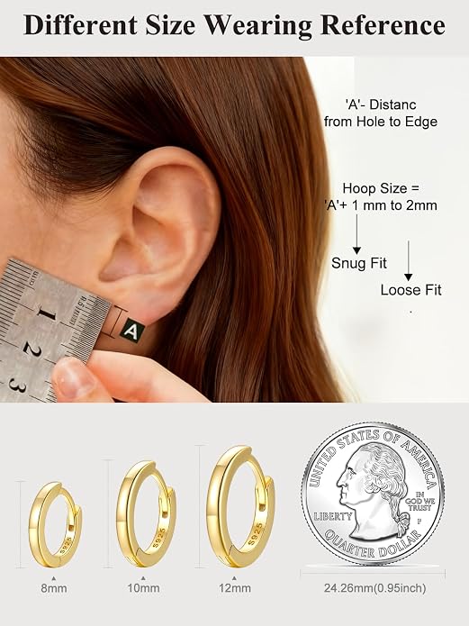 SILVERCUTE 925 Sterling Silver Huggie Hoop Earrings for Women,Hypoallergenic Small Hoop Earrings Lightweight Silver/14K Gold Hoops Cartilage Earrings for Women,8/10/12mm