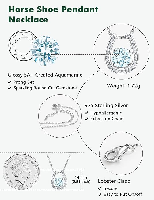 925 Sterling Silver Horseshoe Necklace for Women Round Gemstone Birthstone Necklace Sapphire/Emerald/Ruby/CZ Horse Shoe Pendant Necklaces Jewelry Gift
