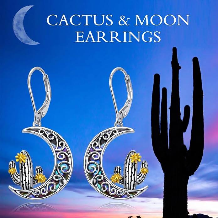 Cactus Earrings 925 Sterling Silver Abalone Shell Cactus Dangle Leverback Earrings Cactus Jewelry Gifts for Women