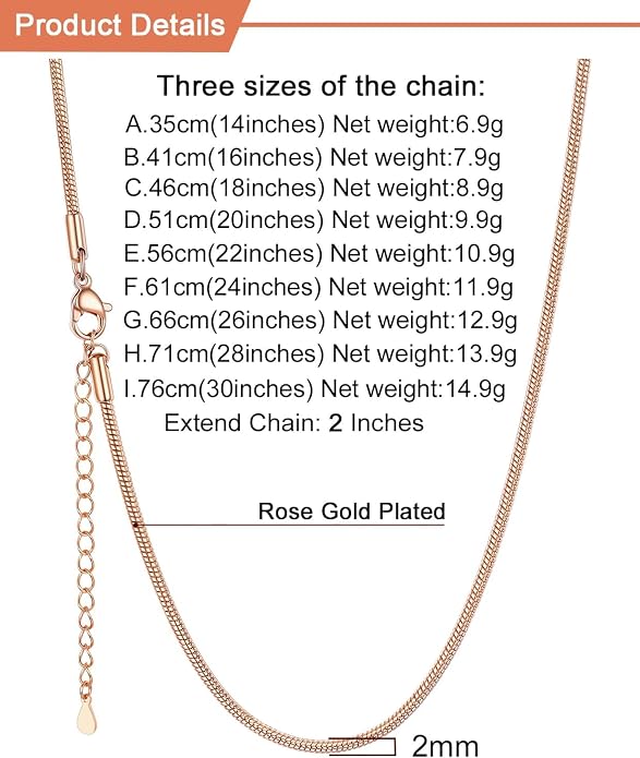 U7 Snake Necklace for Women 14K Gold Plated/Silver/Rose Gold/Black Chain Necklace Hypoallergenic, Stainless Steel Tiny Snake Chain Necklace 1/1.2/1.5/2MM, 14-30" Adjustable Minimalist Gift