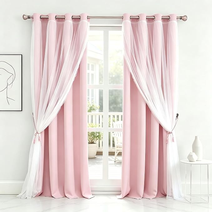 Pink Blackout Curtains with Voile Sheer Drapes, Thermal Pink Window Treatments with Tie-Backs for Kids/Girls Bedroom Nursery Living Room, Elegant, 2 Panels, 52 * 63 inches