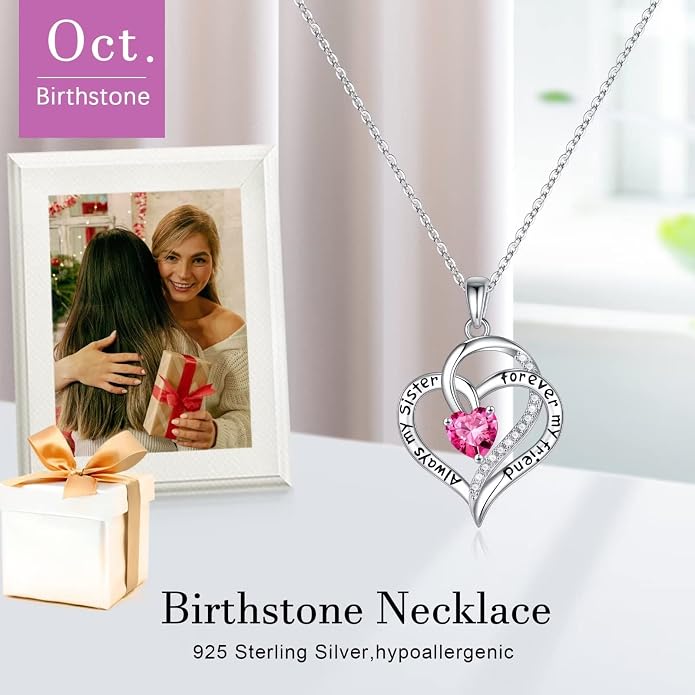Iefil Gifts for Sister - 925 Sterling Silver Birthstone Necklace Sisters Jewelry