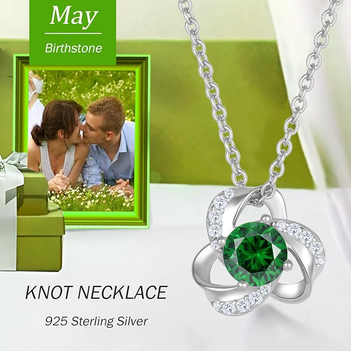 18K Gold Plated Love Knot Necklace for Women, 925 Sterling Silver Round cut Birthstone Pendant Necklace With Chain Lucky Flower Jewelry Gift