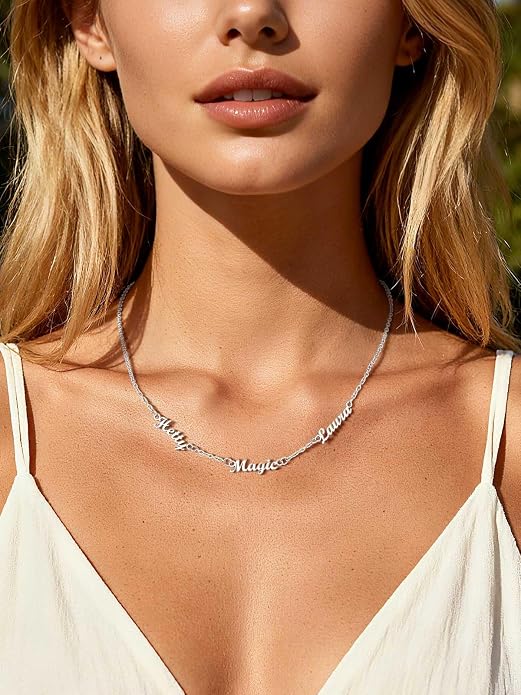 Custom4U Custom Name Necklace for Women, Personalized 1-5 Name Necklace, Sterling Silver/Stainless Steel 14K Gold Plated Nameplate Necklaces, Gift for Mom Wife Anniversary Birthday with Box