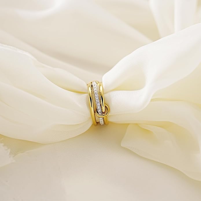 AllenCOCO 14K Gold Plated Stackable Rings, 3 Ring Set with CZ Cubic Zirconia, Gold & Silver Stacked, Interlocking Band for Women Statement