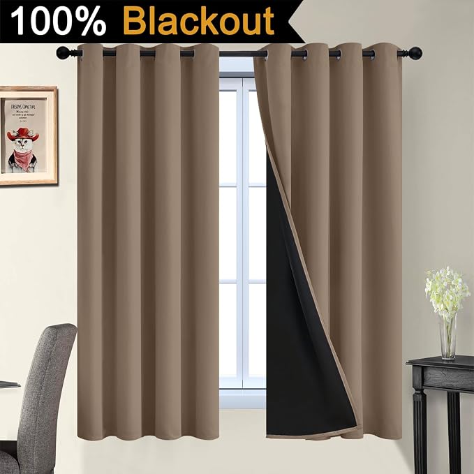 Yakamok Khaki Blackout Curtains 63 Inches Long for Bedroom 52" Wide 2 Panel | Blackout Curtain Panels for Bedroom, 2 Thick Layers Grommet Top Thermal Insulated Drapes with Black Liner for Living Room