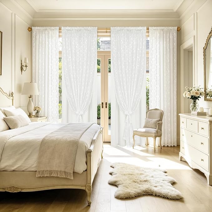 ASPMIZ Linen Curtains for Living Room Double Layer Curtains with Linen Lace, White Curtain for Bedroom Light Filtering, Rod Pocket Drapes 84 Inch Length 2 Panels Set with 2 Tiebacks, 52x84