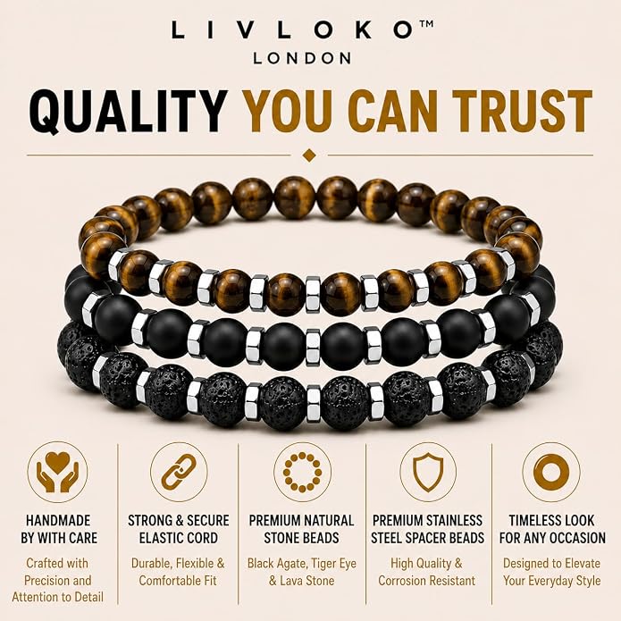 LONDON Mens Bracelet Leather Black Multi-Layer Stone Beads Adjustable Steel Clasp Viking Rope Bands Surfer Man Wristband Male UK Jewellery Gift box Boyfriend Dad Son Brother Tiger Eye