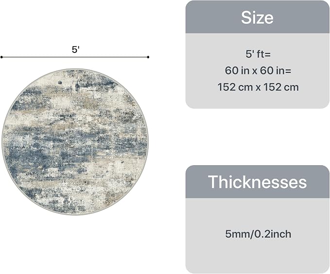 GENIMO Round Area Rugs 5FT for Living Room, Washable Circle Rug Low Pile, Non Slip Abstract Carpet for Bedroom, Enytryway, Kitchen, Navy Blue