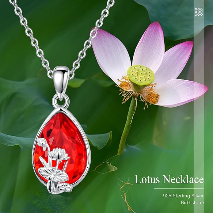 925 Sterling Silver Birth Flower Necklace with Teardrop Shaped Birthstone - 12 Colors, 12 Kinds of Flower - Ideal Birthday Jewelry Gift for Women, Mothers, Daughters & Wives